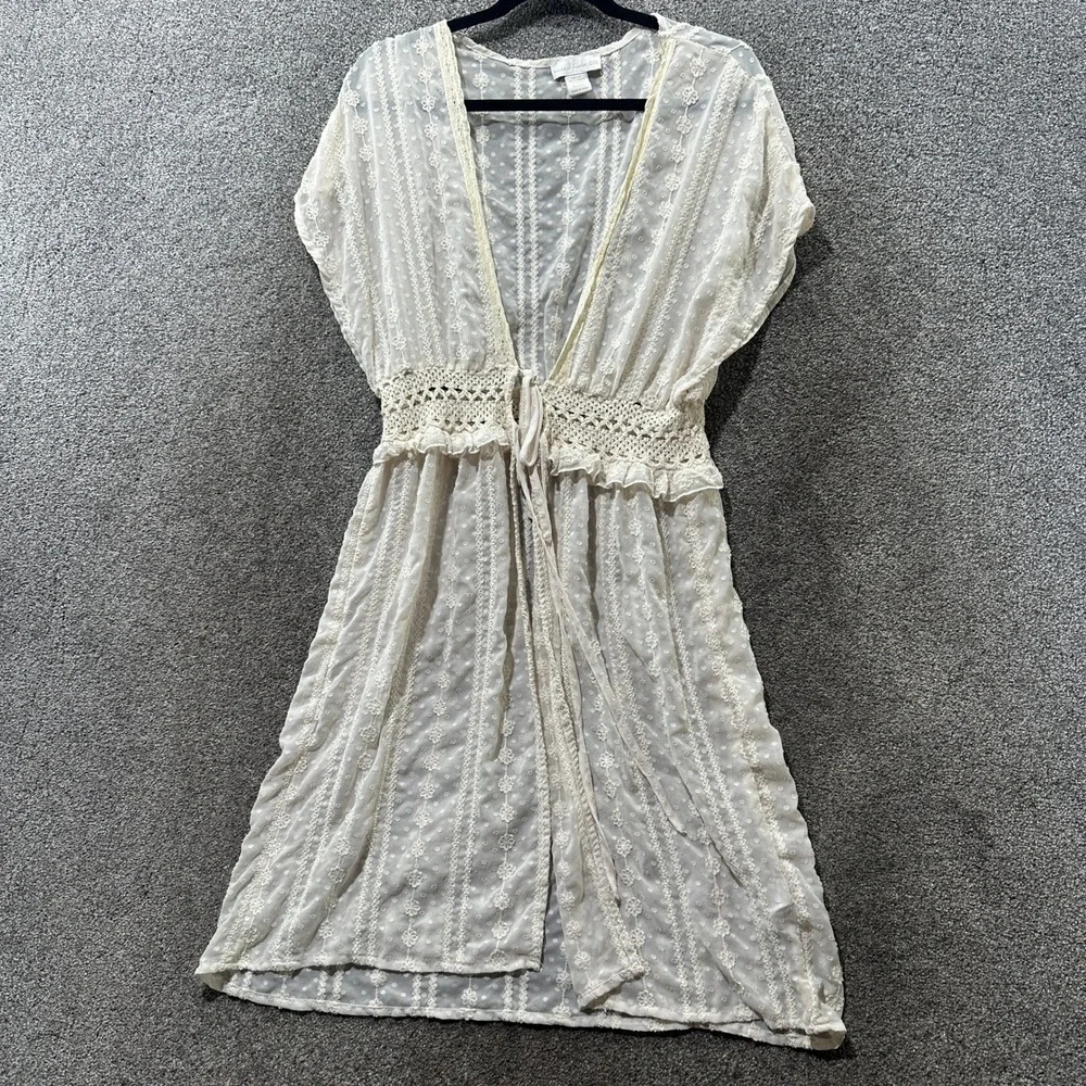 House of Harlow 1960 Duster Swim Cover Up Cream Swiss Dot Crochet Lace One Size